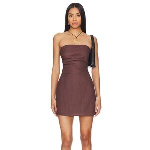SNDYS Revolve Chocolate Brown Romi Linen Ruched Strapless Mini Dress Size S DWT